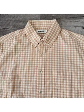Taylor Stitch Gingham Shirt Men Sz 40 Tan Beige 100% Organic Cotton Long Sleeve